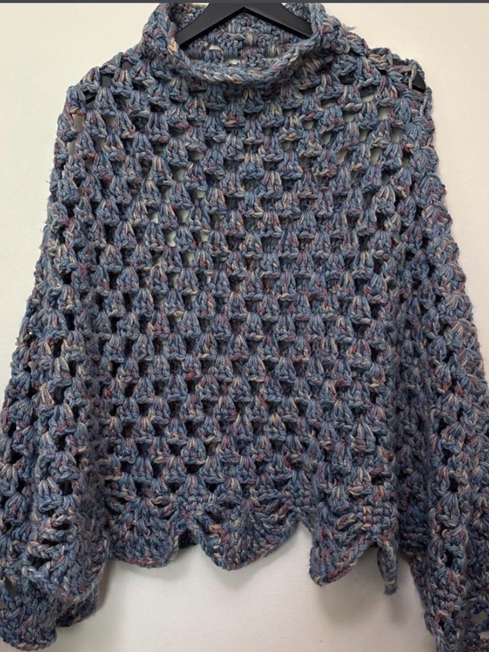 Crochet Open-Weave Poncho Sweater in Blue Multi